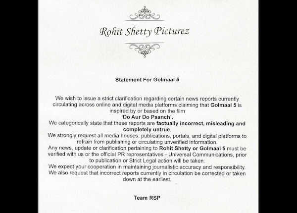 Rohit Shetty issues statement on Golmaal 5