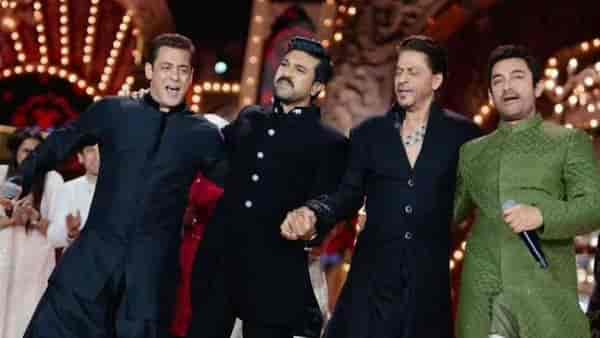 Salman Khan, Ram Charan, Shah Rukh Khan and Aamir Khan at Ambani pre-wedding. (Courtesy: Instagram/ Manav Manglani)