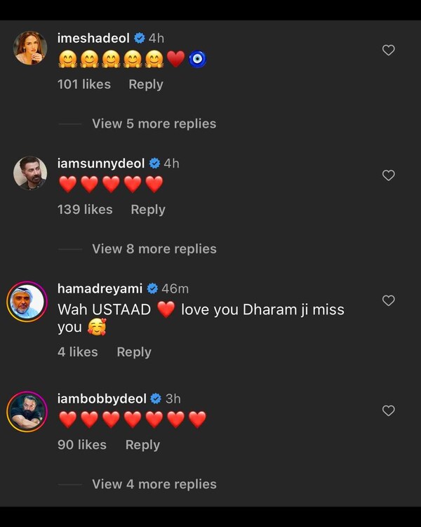 What Esha Deol, Bobby Deol, and Sunny Deol commented on their father's latest post.