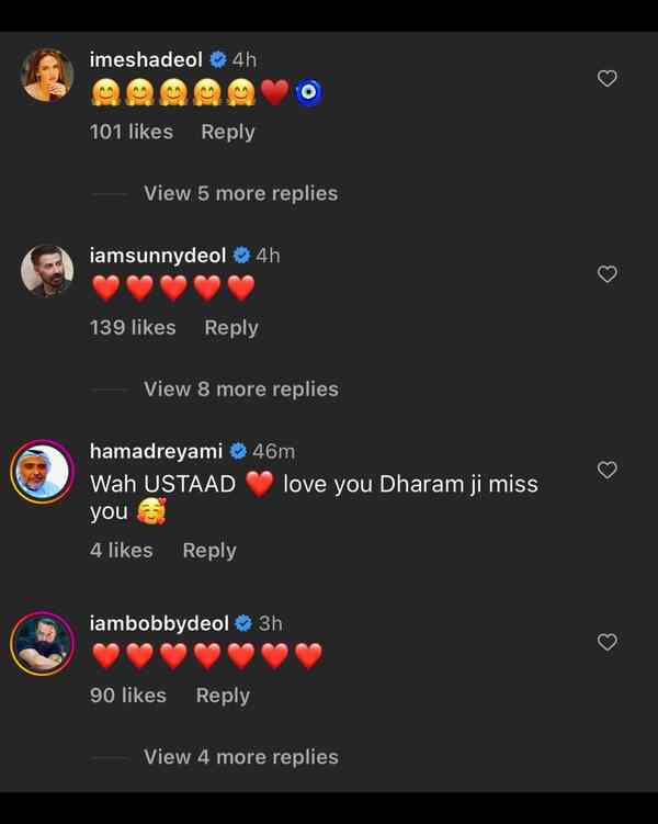 What Esha Deol, Bobby Deol, and Sunny Deol commented on their father's latest post.