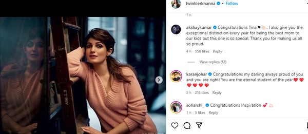 Reactions on Twinkle Khanna's Instagram post
