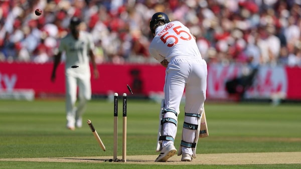 Bumrah dispatches Ben Stokes. Photo via BCCI
