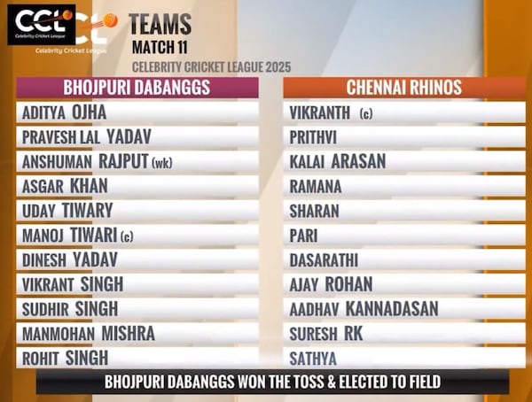 The playing 11 of the Bhojpuri Dabanggs and Chennai Rhinos in Surat