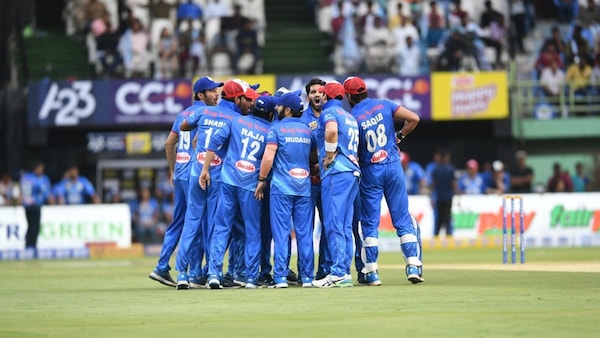 Mumbai Heroes celebrate during their semi-final match against the Bhojpuri Dabanggs