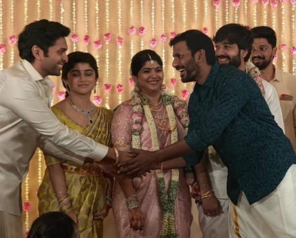 Vikram Prabhu greets Vishal at Advik Ravichandran's wedding