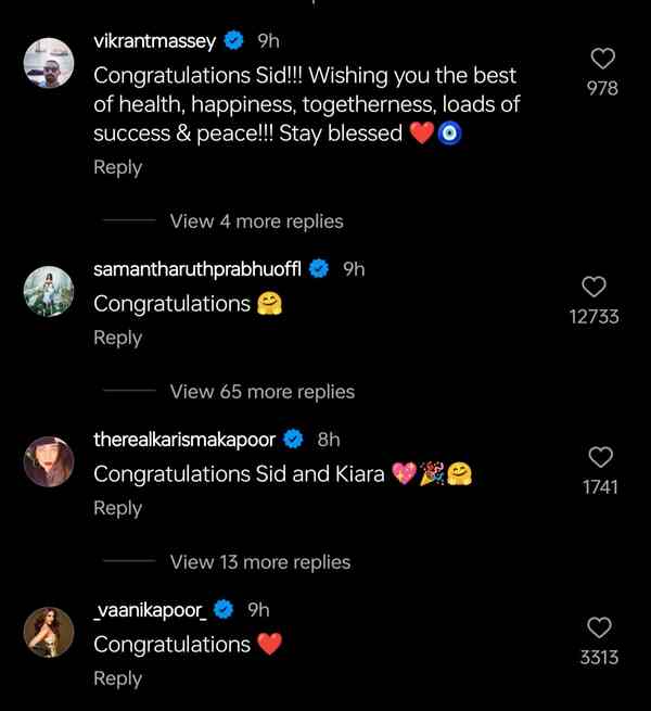 Celebrities congratulate Sidharth Malhotra and Kiara Advani