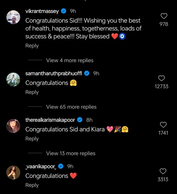 Celebrities congratulate Sidharth Malhotra and Kiara Advani