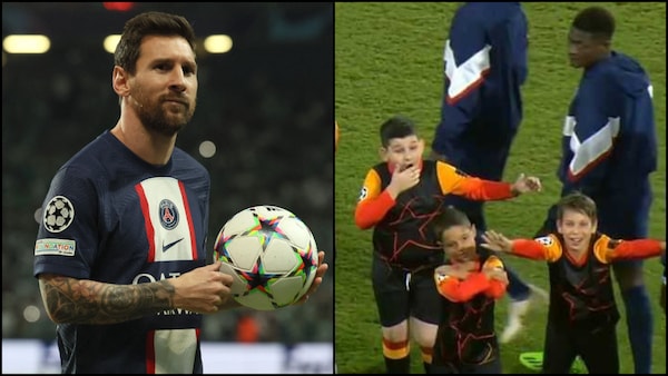 Watch Champions League mascots' in awe of Lionel Messi, PSG star gives them a hug
