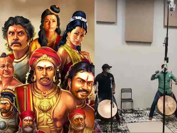 Collage of Ponniyin Selvan poster and an artiste drumming