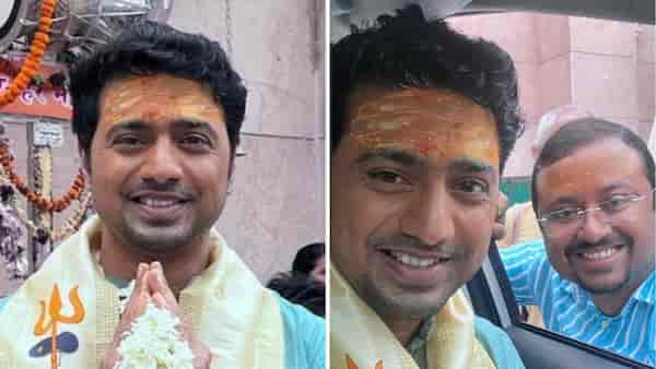 Dev and Avijit Sen pray at Kasi Viswanath Temple while shooting for Projapoti in Varanasi