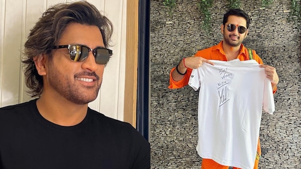 Dhoni gifts an autographed shirt to Nithiin wishing him for Extra Ordinary Man