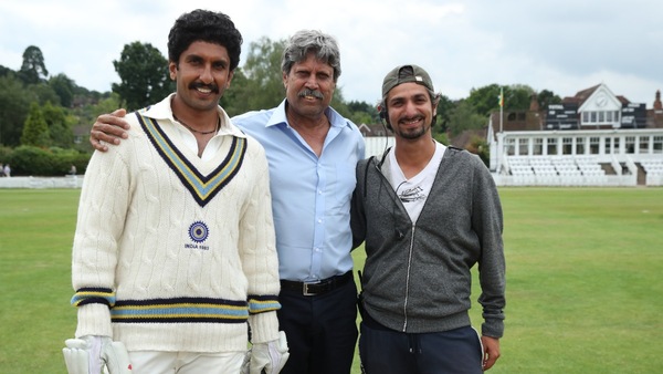 Dhruv with Kapil Dev and Ranveer Singh on the set of 83