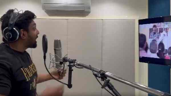 Dhruva Sarja shares a glimpse of him dubbing for his late brother, Chiranjeevi Sarja’s film, Rajamarthanda