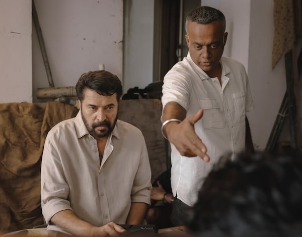 Mammootty and Gautham Vasudev Menon on the set of Dominic and the Ladies' Purse