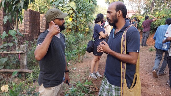 Raj B Shetty (right) on the set of Ekam