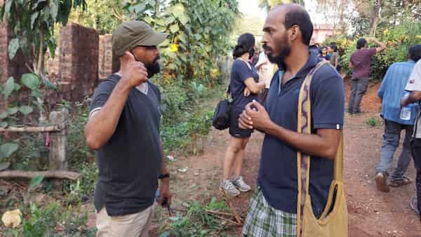 Raj B Shetty (right) on the set of Ekam