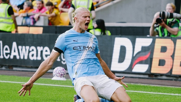 Haaland scored a brace in the first match vs Wolves. Image | mancity.com