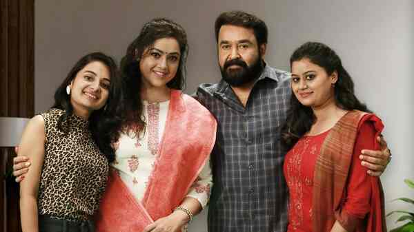 Esther Anil, Meena, Mohanlal and Ansiba in a still from Drishyam 2