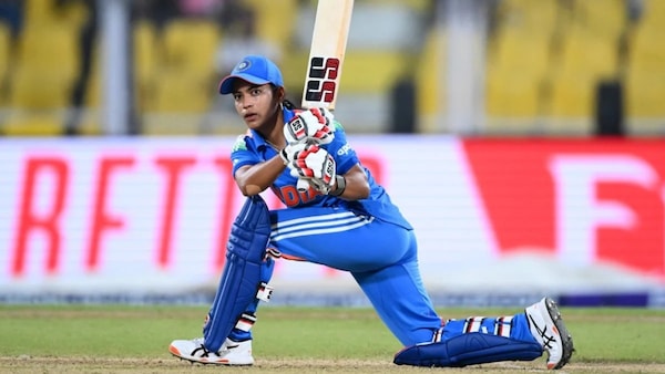 Amanjot Kaur playing a sweep shot. Image | X