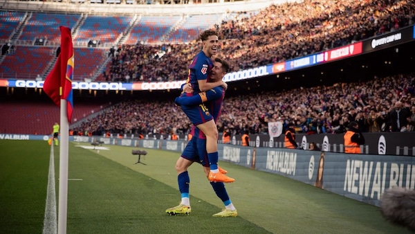 Fermin and Lewandowski celebrating the first goal. Image | FC Barcelona