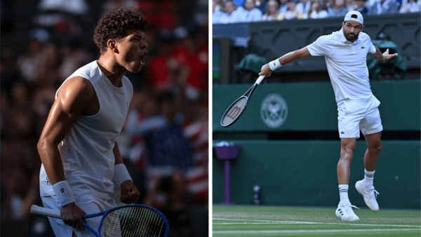 Fire and flair: Shelton roars in the shadows, while Dimitrov strides in the Wimbledon twilight.
