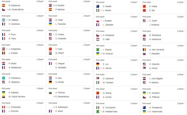 Women's singles Round 1 schedule