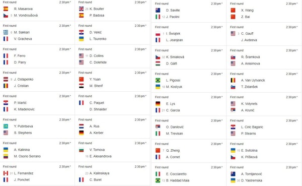 Women's singles Round 1 schedule