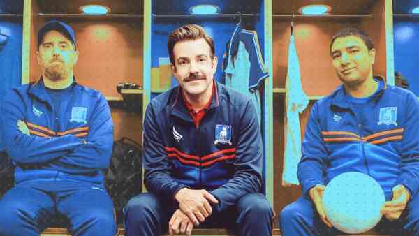 From R-L: Mohammed, Sudeikis and Brendan Hunt (Coach Beard) in Ted Lasso. Apple TV+