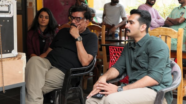 Gayathrie Shankar, Priyadarshan and Shane Nigam on the sets of Corona Papers