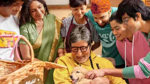 GoodBye latest poster: Amitabh Bachchan plays with a cute pup, while Rashmika Mandanna, Neena Gupta, Pavail Gulati join in