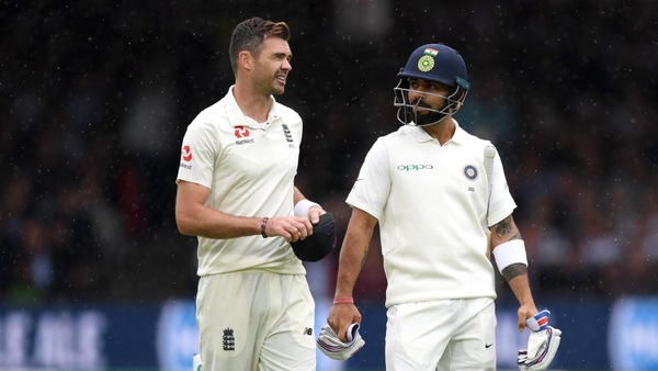 Anderson with Kohli during a Test match. Image | ICC on X