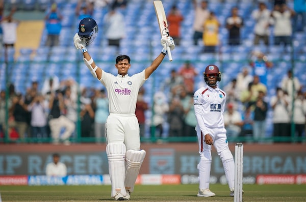 Jaiswal after his ton against WI in Delhi. Image | BCCI on X