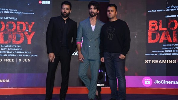 Himanshu Kishan Mehra, Shahid Kapoor and Ali Abbas Zafar during the trailer launch in Mumbai; (image credit: Manav Manglani)