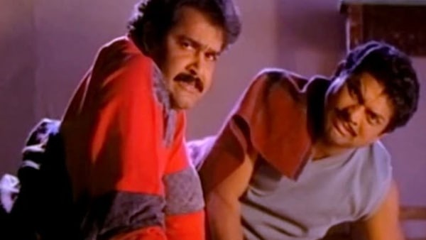 Jagathy Sreekumar and Mohanlal in a still from Kilukkam.