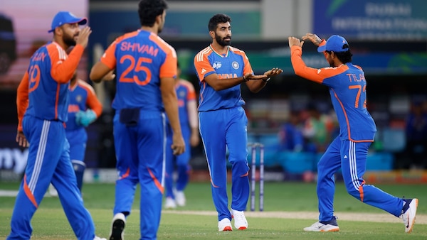 Bumrah after dismissing Tanzid Hasan. Image | BCCI on X