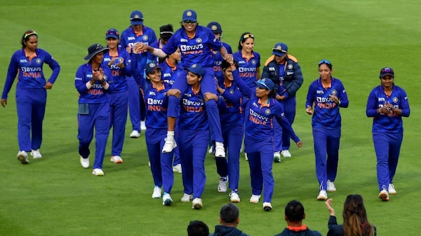Jhulan Goswami getting carried away by India Women players after India won the 2022 ODI series against England by 3-0. Image | ECB