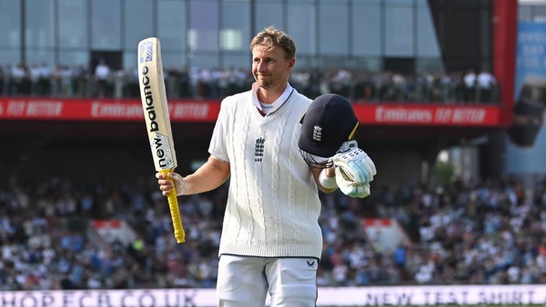 Joe Root celebrates his 150 on Day 4 at Old Trafford. Photo via England Cricket