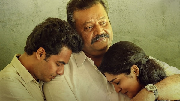 Evan Anil, Suresh Gopi and Rachel David in a poster from Kaaval