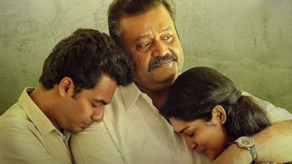Evan Anil, Suresh Gopi and Rachel David in a poster from Kaaval