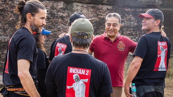 Kamal Haasan with the Indian 2 stunt team