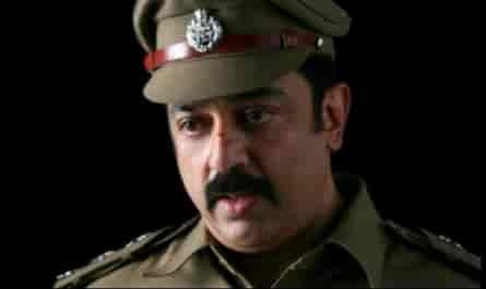 Name the movie in which Kamal Haasan plays a police officer investigating a series of brutal murders across countries.