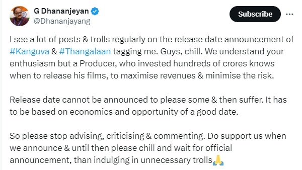Kanguva, Thangalaan producer G Dhananjeyan reacts to trolls.