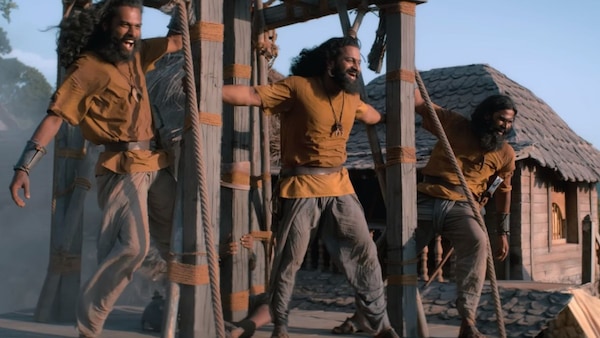 Rishab Shetty (centre) in a still from Kantara Chapter 1