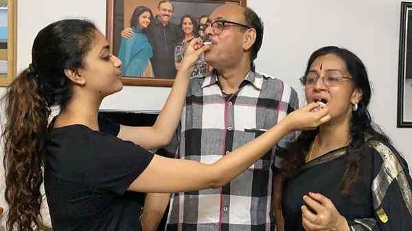 Keerthy Suresh with her parents G Suresh Kumar and Menaka Suresh