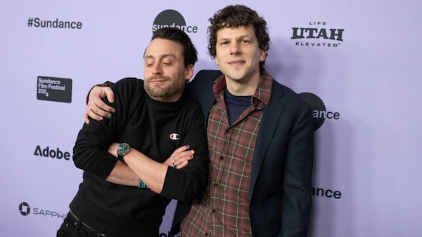 Kieran Culkin and Jesse Eisenberg pose together ahead of the premiere of A Real Pain. Photo by George Pimentel/Shutterstock for Sundance Film Festival