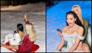 Paris Hilton and Kim Kardashian are two snow queens in couture gowns as  they 'sled' winter