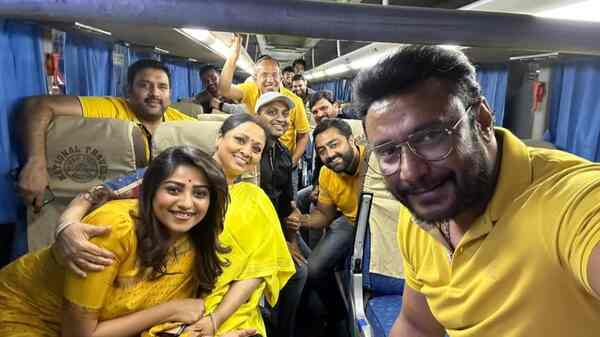 The team on the bus on the way to the song launch in Tumakuru