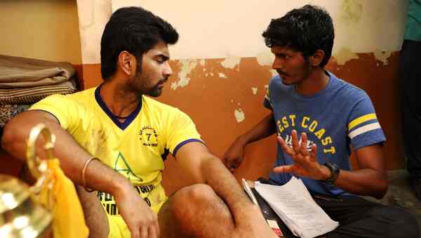 Atharvaa with Sri Ganesh on set