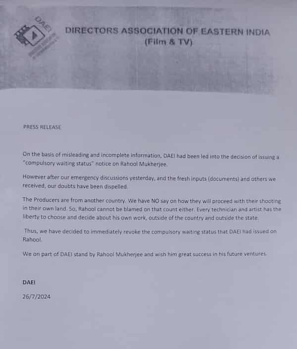 Letter issued by he Directors Association Of Eastern India on Friday