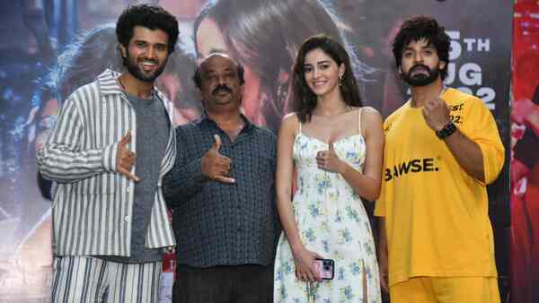 Vijay Deverakonda, distributor Gangadhar, Ananya Panday and Vish during the Bengaluru press meet